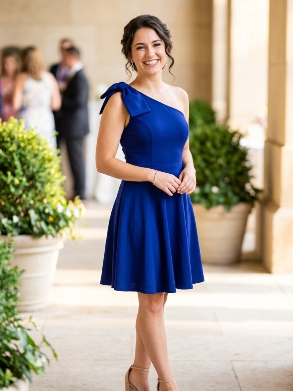 Allegra K One-Shoulder Med Royal Blue Dress with Shoulder Bow Cocktail Wedding